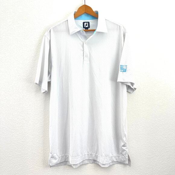 FootJoy Men Golf Polo Shirt Sz Large White Blue Dot Performance Moisture Wicking - Picture 2 of 8